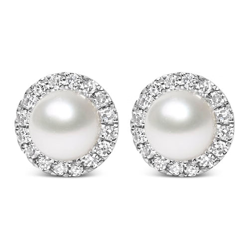 10K White Gold Cultured Pearl & Diamond Halo Stud Earrings – 4.5mm (1/7 CTW)