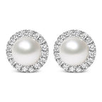 10K White Gold Cultured Pearl & Diamond Halo Stud Earrings – 4.5mm (1/7 CTW)