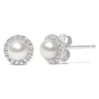 10K White Gold Cultured Pearl & Diamond Halo Stud Earrings – 4.5mm (1/7 CTW)