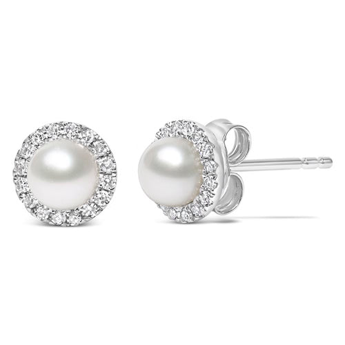 10K White Gold Cultured Pearl & Diamond Halo Stud Earrings – 4.5mm (1/7 CTW)