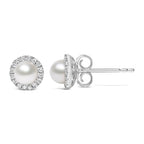 10K White Gold Cultured Pearl & Diamond Halo Stud Earrings – 4.5mm (1/7 CTW)