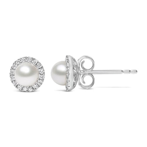 10K White Gold Cultured Pearl & Diamond Halo Stud Earrings – 4.5mm (1/7 CTW)