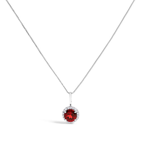 10K White Gold Red Garnet Halo Diamond Pendant Necklace – 1/10 CTW
