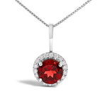 10K White Gold Red Garnet Halo Diamond Pendant Necklace – 1/10 CTW