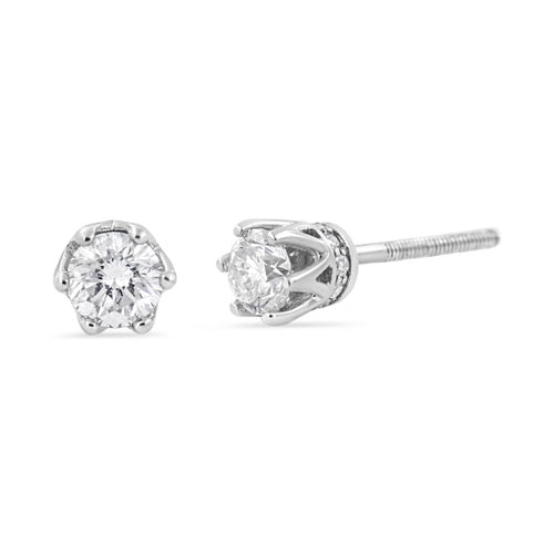14K White Gold Round Diamond Crown Stud Earrings – 1/2 CTW